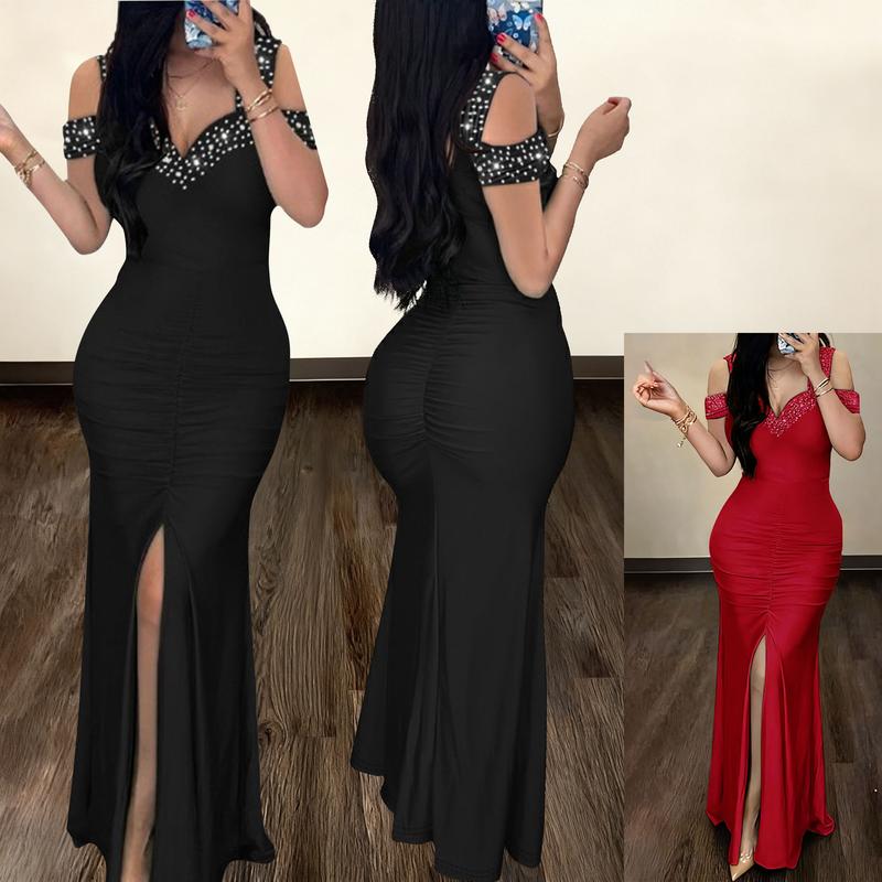 Women's elegant hot diamond off-shoulder slim high waist hip-wrapped slit dress  valentine's day outfit