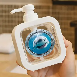 Creative Bathroom Dispenser with Hand Pump - Great White Shark Oceanic Art Design, Underwater Porthole & Bubbles, Suitable For Soap, Lotion, Shower Gel