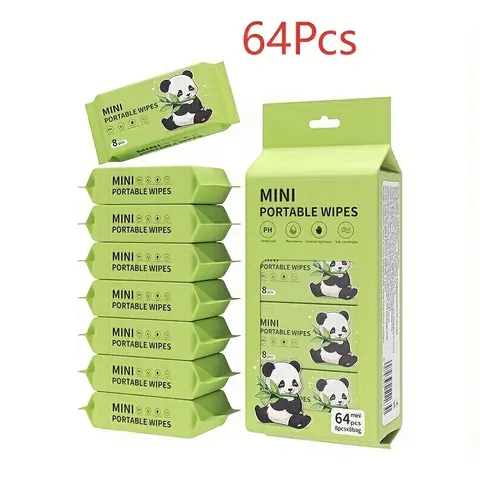 64 mini portable wet wipes, alcohol-free disposable wet towels, suitable for men and women, ideal for showrooms, hotels, and use when out and about or traveling. A facial cleansing tool. Perfect for putting in Christmas stockings, Gifts, and also suitab