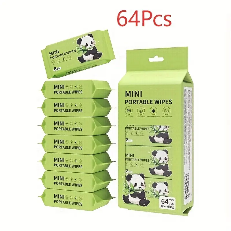 64 mini portable wet wipes, alcohol-free disposable wet towels, suitable for men and women, ideal for showrooms, hotels, and use when out and about or traveling. A facial cleansing tool. Perfect for putting in Christmas stockings, Gifts, and also suitab