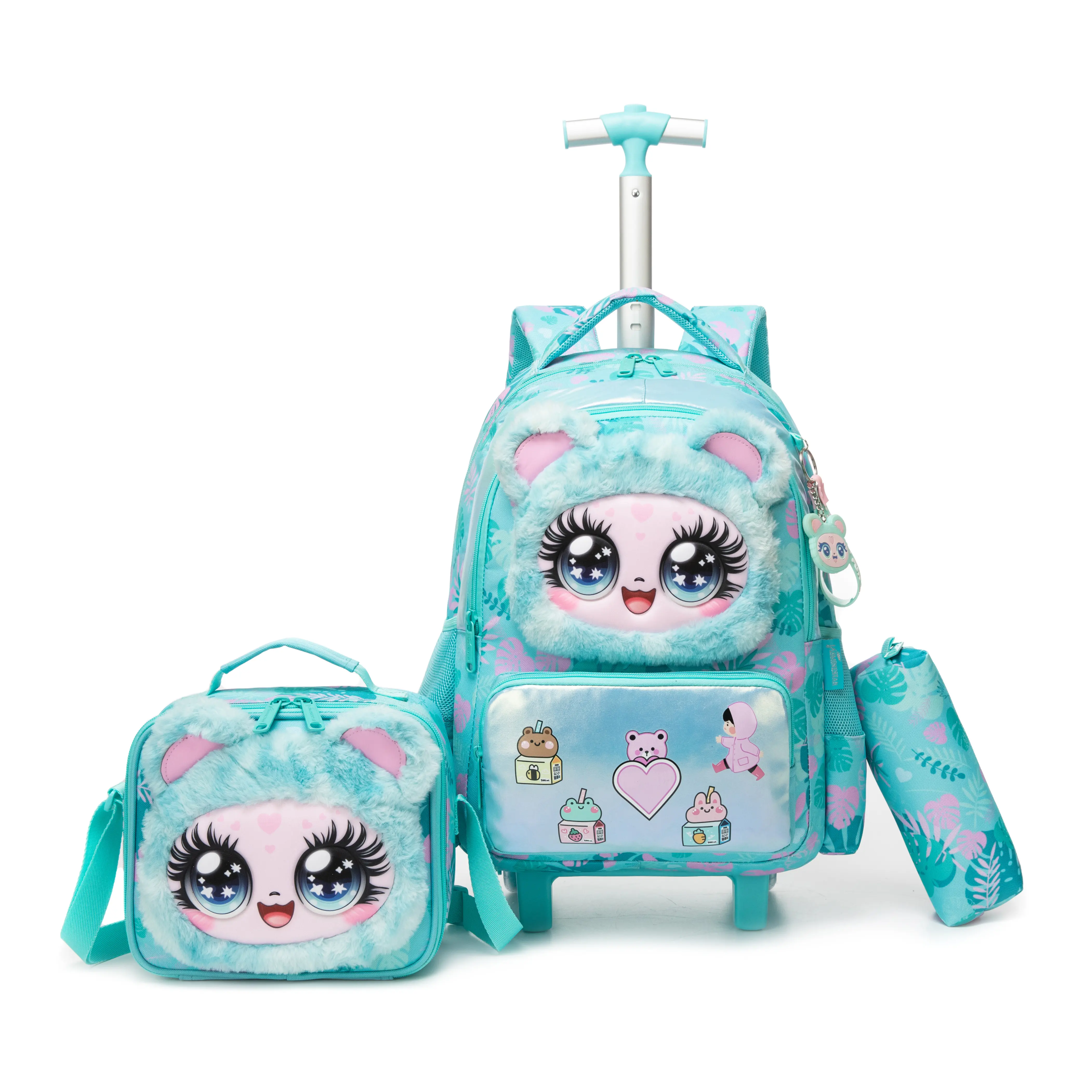 Girls' Cute Plush Bear Rolling Backpack Set, 3-in-1 with Insulated Lunch Bag & Pencil Case, Chic Tropical Leaf Print, Hangable