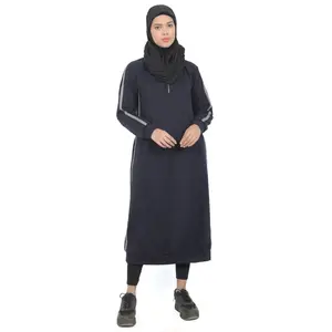 Women's Navy Fleece Long Tunic With Side Contrasted Panel