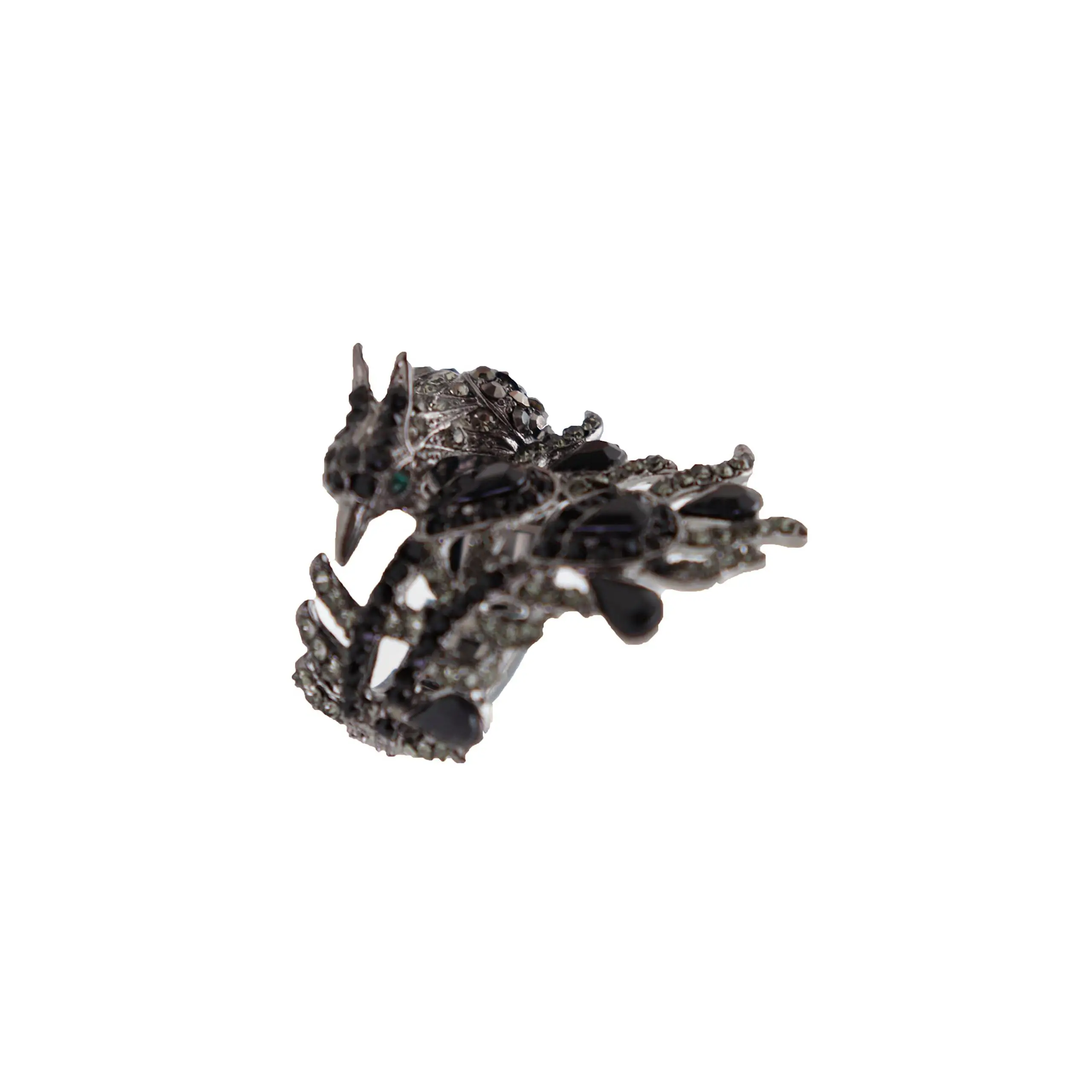 Women Fashion Jewelry Peacock Ring - Silver Metal Feathers Wrap Around Elastic Band Black