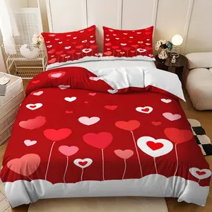 3-piece bedding set - Happy Valentine's Day pink heart cloud down comforter set (1 comforter cover + 2 pillowcases, filling not included). A perfect gift for family and friends, soft and comfortable, suitable for family bedrooms and guest rooms.