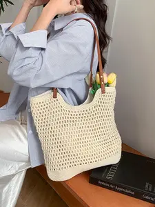 Women's Solid Color Crochet Shoulder Bag, Fashionable Large Capacity Beach Bag for Daily Used, Casual Trendy Versatile High-quality Daily Commuting Bag, Casual Lightweight Bag