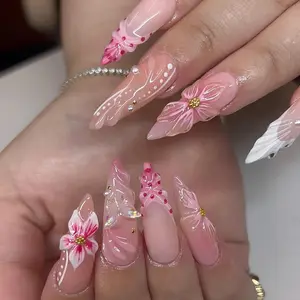 (MTO) BubbleNailArt Pink Fairycore Blossom 3D Hand-Sculpted Flower Butterfly Pearl Handcrafted Wearable Nail Art Fashion Hand Accessories