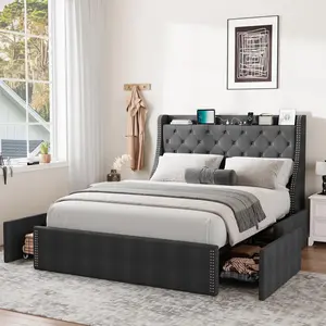 Garvee Queen Size Upholstered Bed Frame with 4 Storage Drawers & Charging Station, Platform Bed Frame with Wingback Headboard, No Box Spring Needed, Noise Free, Easy Assembly, Gray