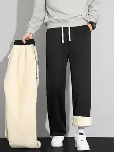 Men's Fleece Lined Thickened Wide Leg Casual Sports Pants Winter Warm Long Pants Beige Black
