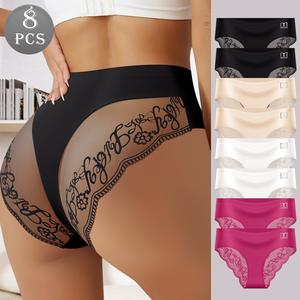 QUASTI Women's 8pcs High Waisted Seamless Panty Set, Mid-Rise Spliced Lace Sexy Spandex-Blend Stretch Breathable Briefs, Polyester Soft Minimalist Basic Comfy Underwear (S-XXL)