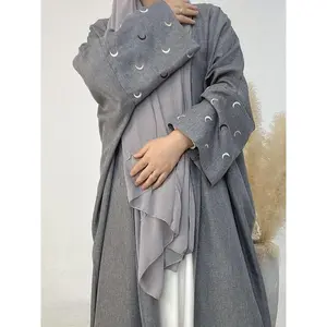 Women's Moon Embroidery Long Sleeve Open Front Abaya, Elegant Long Abaya for Party Holiday Vacation, Ladies Fall & Winter Clothes
