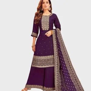 Silk Plazzo Suit with Embroidery Sequins Work and Round Neck for Women - Traditional Style - Dress Elegance Pakistani Dress Readymade Outfit Womenswear Salwar