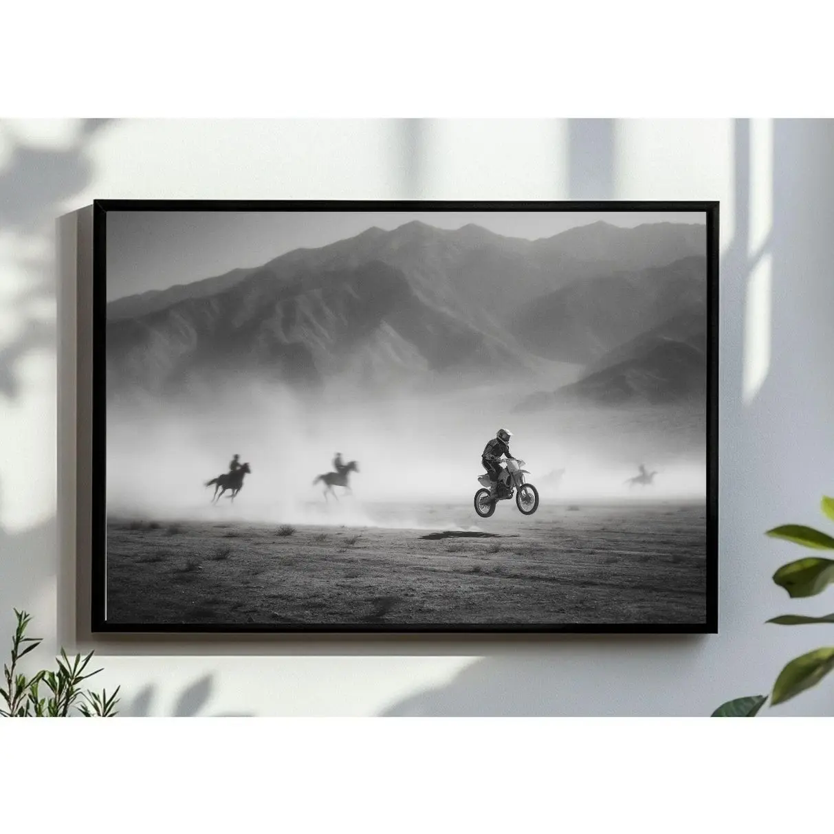 Black & White Motocross Horse Racing Wall Art, Western Desert Action Print, Biker vs Cowboy Home Decor Poster, Vintage Sports Photography Style B