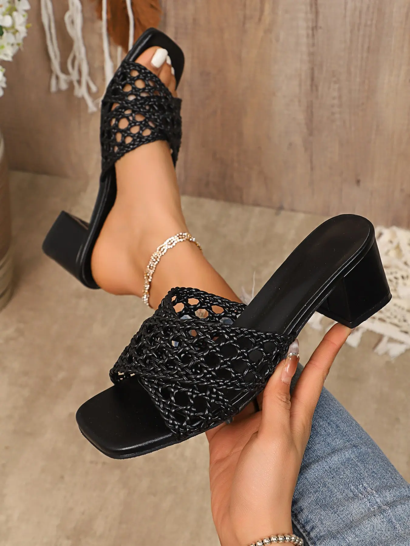 Women's Crochet Square Toe Chunky Heel Casual Summer Sandals, Open-Toe Slip-On Flat Slippers, Breathable Boho Comfort Shoes for Work, Party, Beach, Gifts