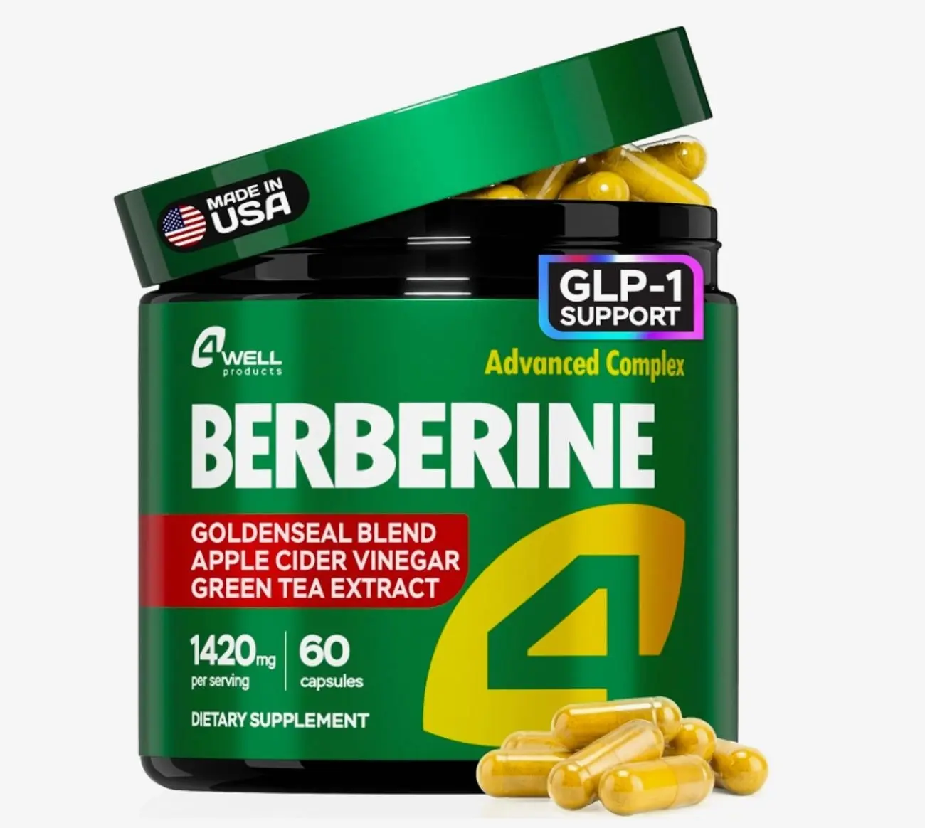 Berberine HCL Supplement - Triple Strength GLP-1 Activator with Apple Cider Vinegar & Green Tea Extract - Body Composition Support, Digestive Health, Support Heart Health, Immune System (60 Capsules)