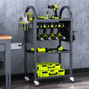 Power Tool Organizer - 4 Tier Rolling Tool Cart with 8-12 Drill Holder,Tool Storage Cart on Wheels - Heavy Duty Metal Utility Tool Shelf for Garage, Workshop, Warehouse & Repair Shop
