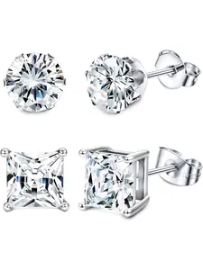 2 Pairs Hypoallergenic Cz Stud Earrings for Men Women, 316L Stainless Steel with Square Round Design, Jewelry Set for Sensitive Ears, Fashionable Earrings