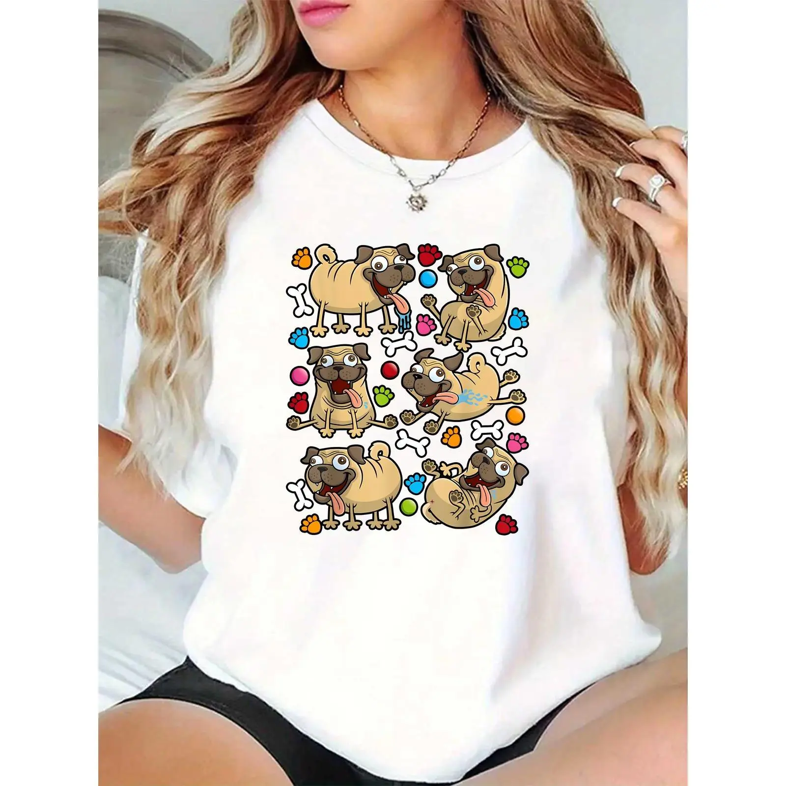 Women's Cute Cartoon Pugs, Colorful Paw Prints & Bones White T - Shirt - Perfect for Dog Lovers, Daily Wear, Pet Events, Pug Owners & Casual Outings 100% Cotton T-shirt