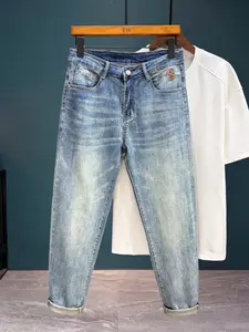 Men's Summer Thin Retro Washed Jeans, Distressed Whitewash Craft, Leather Patch & Embroidery Details, Loose Straight Fit, Breathable Fabric