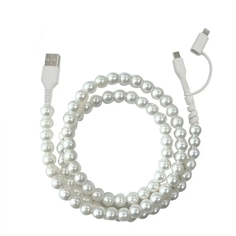 2-in-1 Multi-Functional USB-to-USB-C Smartphone Power Cable Charger, Electronic Mobile Phone Accessory with Cute Bead Chain Design, Fast Charging & Data Transfer Support, iPhone 17/16/15 Pro Max Adapter