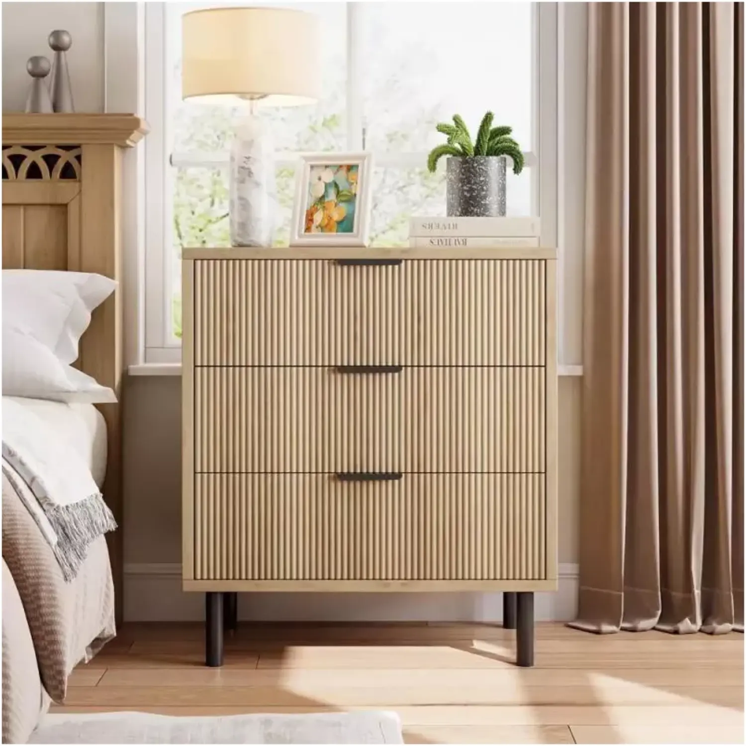 3-Drawer Wide Modern Yellow Fluted Dresser with Metal Legs, Wooden Construction Storage Cabinet for Bedroom, Living Room, Three-Drawer