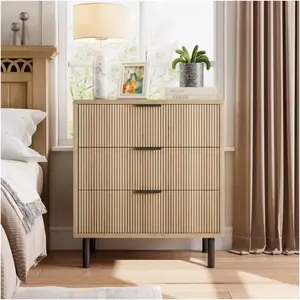 Yellow Fluted 3 Drawer Dresser Wide Modern Chest of Drawers with Metal Legs Wood Storage Cabinet for Bedroom Living Room Entryway Wood Color