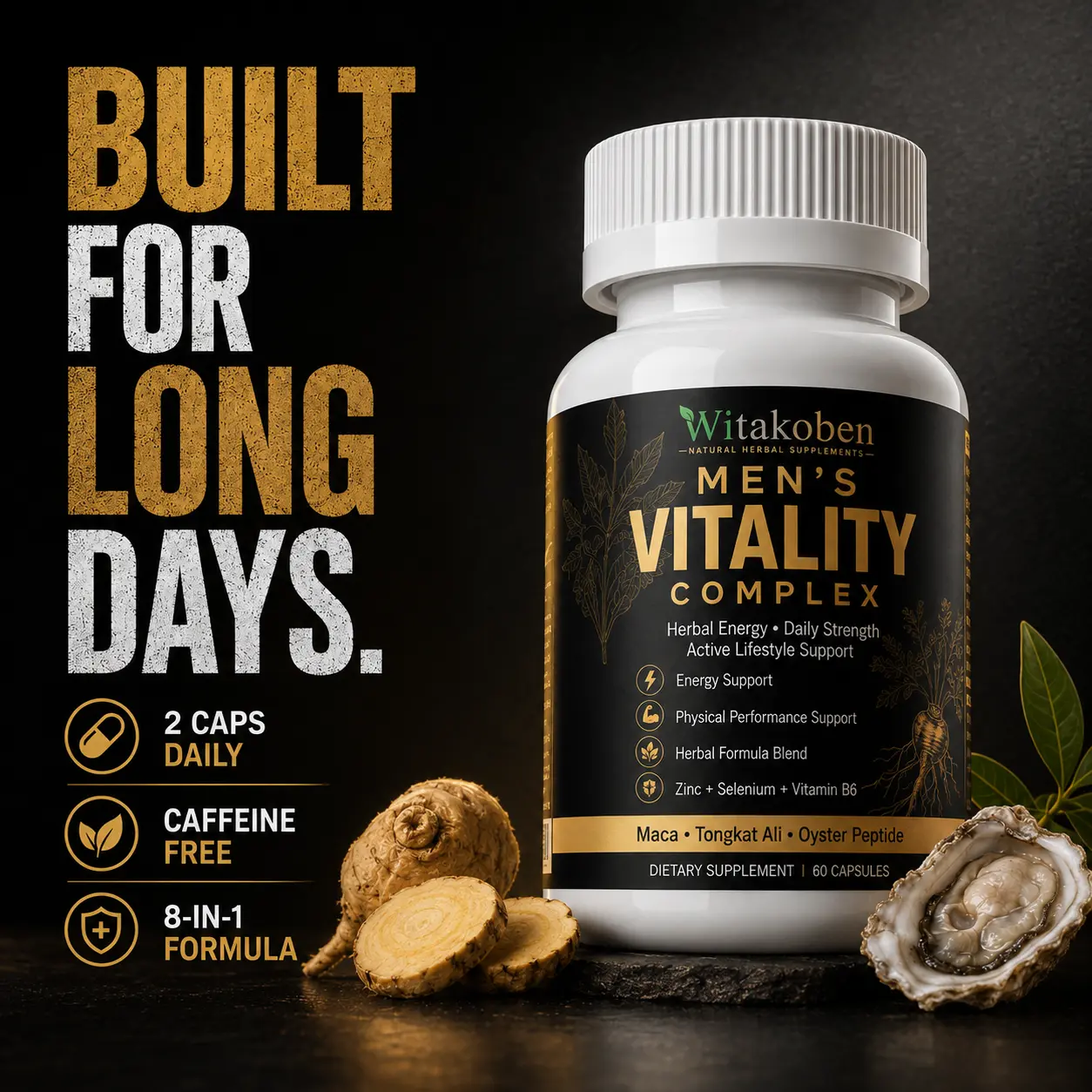 Witakoben Maca Complex Dietary Supplement, 8 Active Ingredients with Tongkat Ali & Oyster Peptide, Caffeine-Free, 60 Capsules