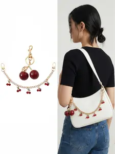 2Pcs Set Coquette Cherry Bag Charm & Chain - Sparkly Red Fruit Keychain for Purse - Gold Handbag Accessories Bag Decoration Gift for Women