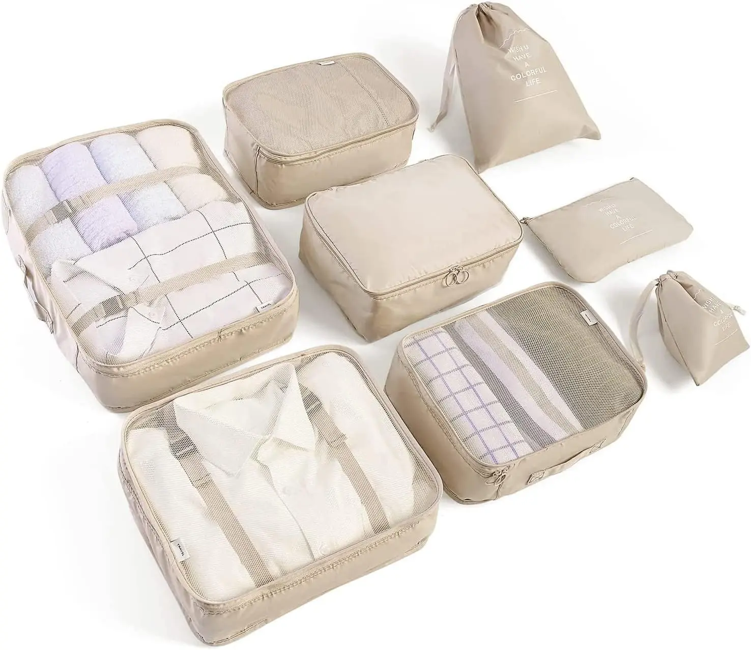 8-Set Travel Luggage Packing Cube Organizers, Travel Must Haves Accessories with Shoe, Toiletry, Laundry Bags (Beige)