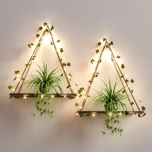 Artificial Ivy LED-Strip Wall Hanging Shelves Set of 2 - Macrame Shelf for Bedroom, Bathroom, Living Room, Kitchen - Wooden Wall Decor