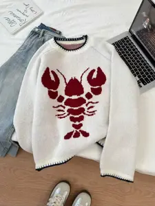 Women's Vintage Lobster Jacquard Sweater, Loose Fit Round Neck Knit Top, Colorblock Casual Pullover, Lightweight Knit Sweater for Women