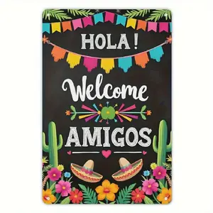 1pc, 12×8 inch  Room Decor "Hola Amigos" Iron Metal Wall Art, Colorful Mexican Fiesta Welcome Sign, Vibrant Cactus &amp;   Sombrero Design, Easy Hang Retro Home &amp;   Cafe Decor, Multi-Functional Party Decoration, Perfect for Room Decorative Sign &
