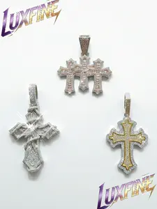 LUXFINE Iced Out Cross Pendant Necklace, 3 Styles Hip Hop Cubic Zirconia Cross Charms (Triple Cross/Rose Cross/Two-Tone Gold Cross), 925 Silver Plated Religious Bling Jewelry for Men Women, Streetwear Style