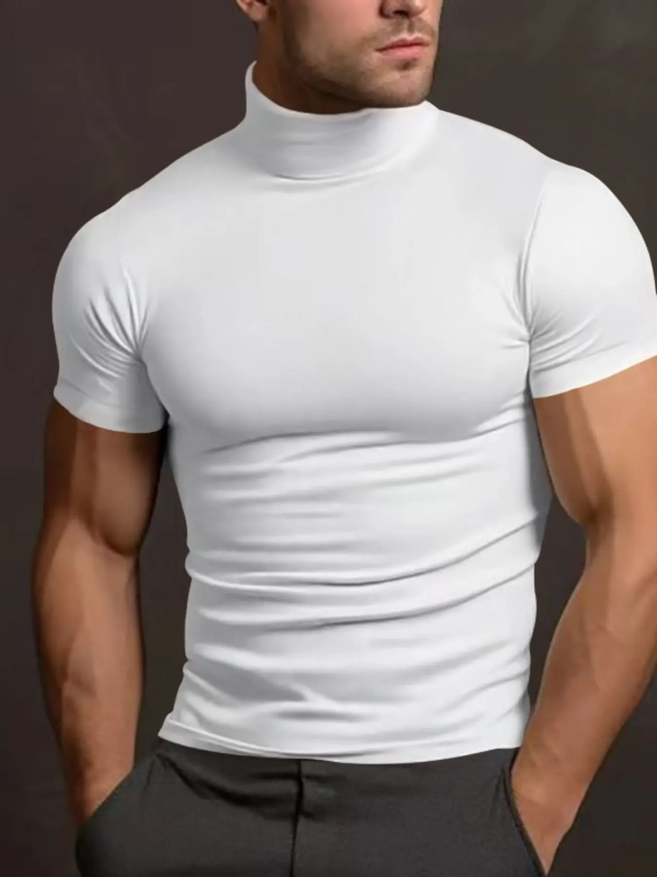 Men's Classic Casual Turtleneck Short Sleeve Plain Tee, Muscle Fit Basic Top, Lightweight & Breathable Fabric, Ideal for Layering or Solo Wear, Business & Leisure