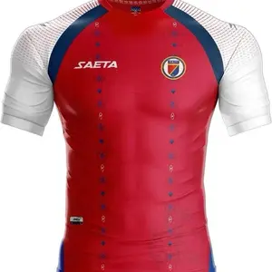 SAETA Haiti Soccer Jersey - Red & Blue Short Sleeve Shirt with Team Logo and Star Detail Sports Tops Workout Tops