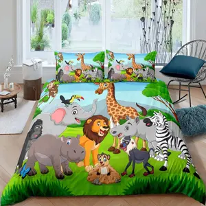 Cartoon Lion Elephant Giraffe Printed Duvet Cover,Lovely Animal Safari Zoo Quilt Cover,Bedroom Decor Bedspread Cover,No Comforter