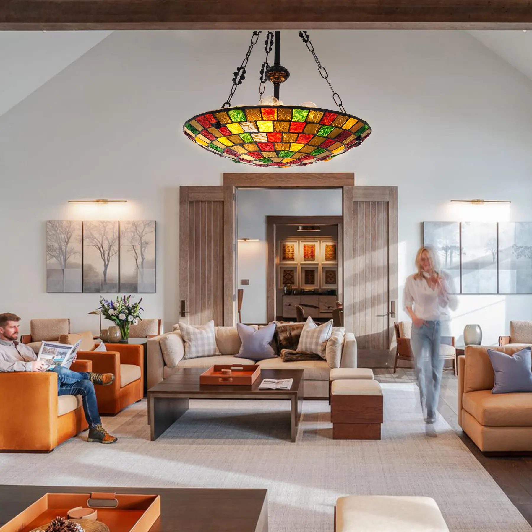 Tiffany Style 5 Head Colorful Patchwork Chandelier