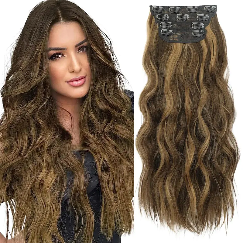 Sohochic AISI HAIR Heat Resistant Clip Hair Extensions, 20 Inch Wavy Synthetic Soft Hairpieces, 4PCS with BB Clips, Blonde Balayage, 5/6/7" Weft Fit for Adults Grand Party Use