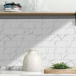 Marble Tile PVC Wallpaper, Removable Waterproof Backsplash, Thick Foam Tiles, Ideal for Kitchen, Bathroom, Laundry, Fireplace