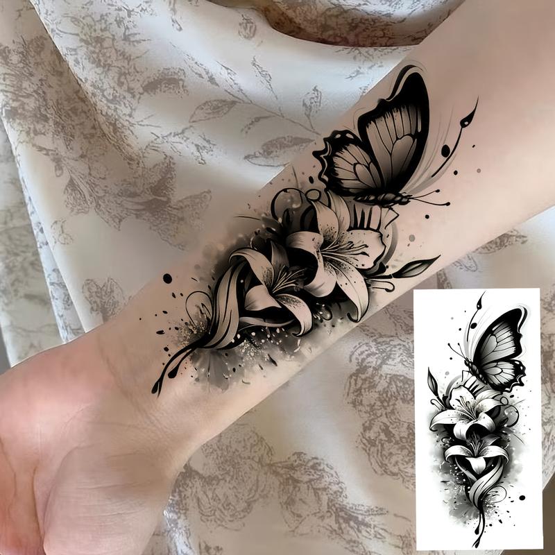 Unisex Waterproof Disposable Temporary Tattoos, 6-Sheet Multi-Pack with Butterfly & Lily Designs - No Battery Needed Body Art Stickers for Casual Styling, Party Favors (Neck, Forearms, Fingers, Legs, Ankles, Ears)