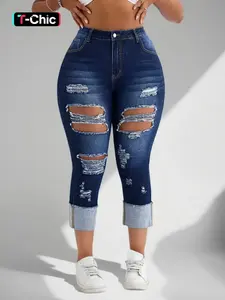 【Plus Size】 Solid Color Ripped High Waist Jeans, Casual Comfy Denim Trousers for Daily Wear, Women's Bottoms for All Seasons, High Waisted Ripped