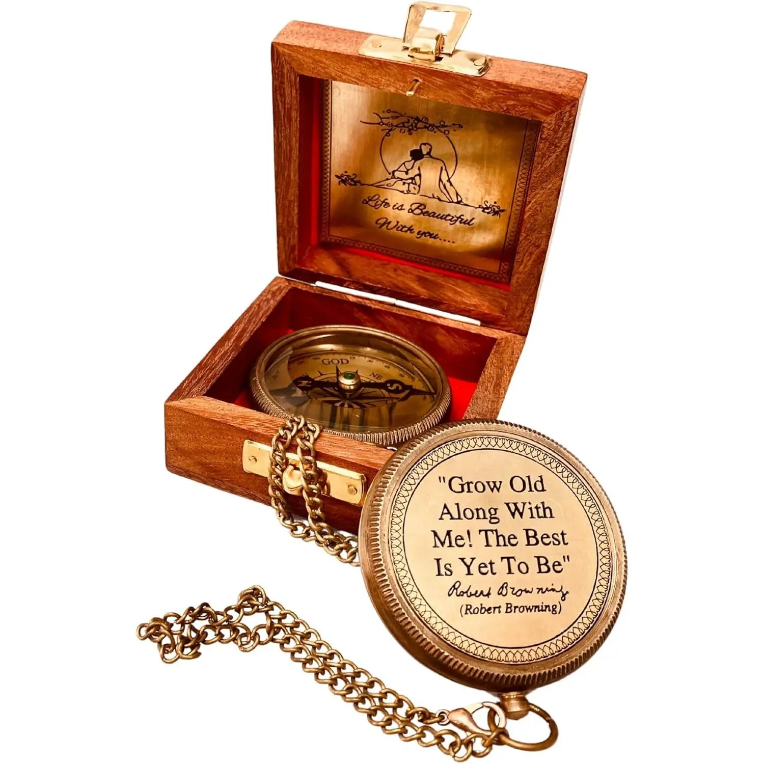 2" Solid Brass Compass - Handmade Engraved Compass with Personalized Quote (Grow Old Along with Me), Romantic Wedding Anniversary Gift, Handmade Get Well Soon Gift, Camping Accessory, Festive Party Supply