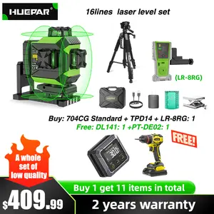 [Free GIFT]Huepar 704CG Laser Level with Triopd&Receiver Self-leveling 4D Green Beam Cross Line 16 Lines Tiling Floor Laser Tool -2x360 Horizontal/Vertical Laser Lines