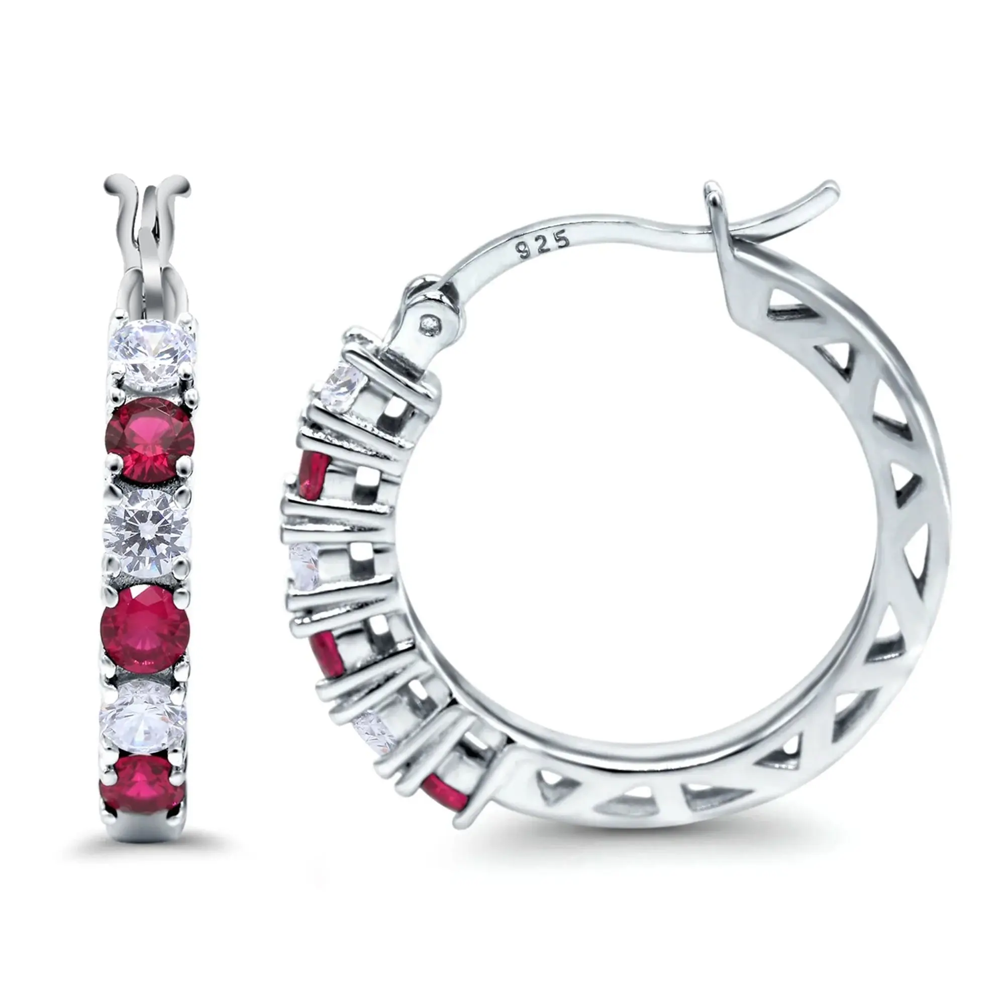 925 Sterling SIlver Half Eternity Huggie Hoop Earrings, Simulated Ruby Cz Hoop Earrings, Simulated Sapphire Cz Hoop Earrings, Round Hoop Earrings