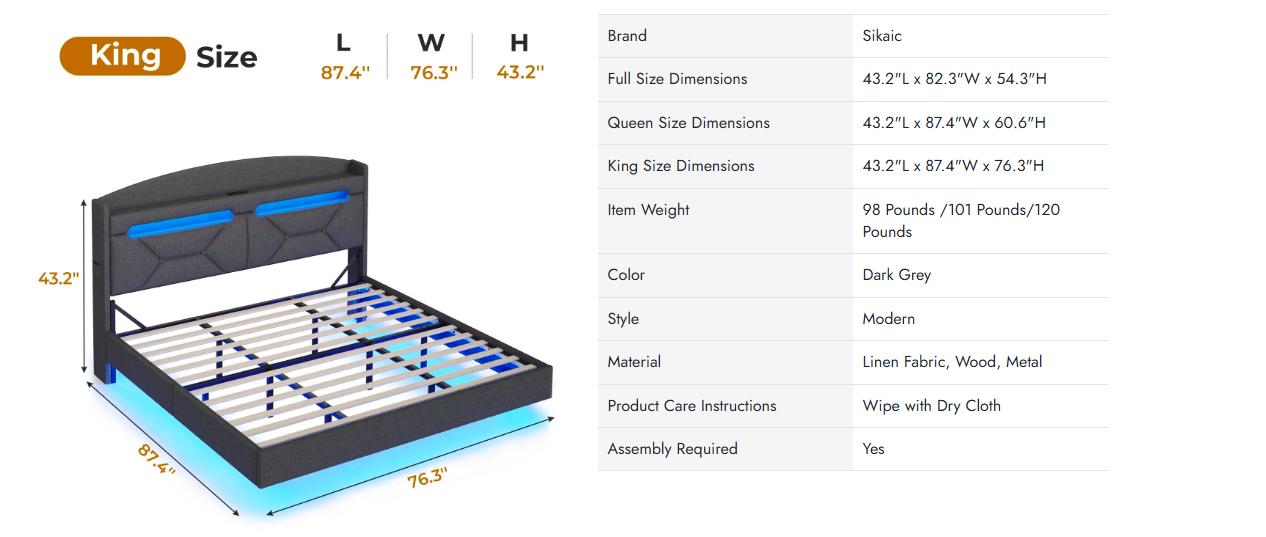 Sikaic LED Floating Bed Frame With Charging Station Hidden Storage Dark Grey