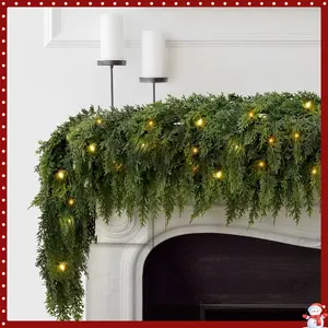 SUNDAY MIRTH 2PCS 9FT Pre-lit Christmas Cedar Garland with 100 Lights, Full 240 Pine Branches, Realistic Garland Artificial Greenery for Fireplace,Wall Indoor Outdoor Decorations