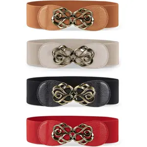 4 Pack Women Stretchy Belts for Dresses Vintage Elastic Wide Waist Belts 2.36" Wide (Black+Brown+Deep Beige+Red) - Home Improvement.