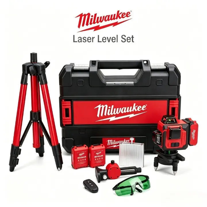 Milwaukee Laser Level Kit With Full Matching Accessories, Built For Large Commercial Decoration, Ceiling Layout, Tile Laying And Wall Framing For Professional Construction Contractors, This Complete Set Comes With Tripod, Battery And Storage Case