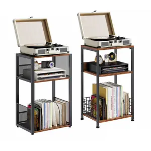2-Set 3-Tier End Table & Multi-Functional Record Player Stand, Brown Indoor Furniture with Storage for Up to 100 Vinyl Albums, TV Stand for Living Room, Side Table for Bedroom, Tv Stand Living Room