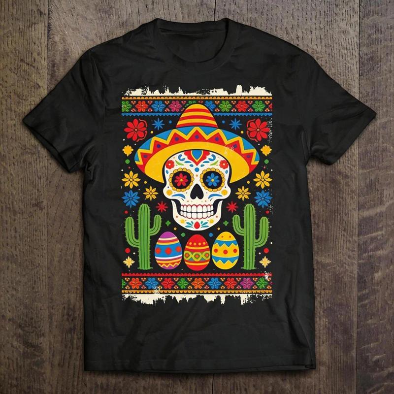 Celebrate Easter with Feliz Pascua Sugar Skull T Shirt featuring Mexican Day of the Dead Print Unisex Short Sleeve
