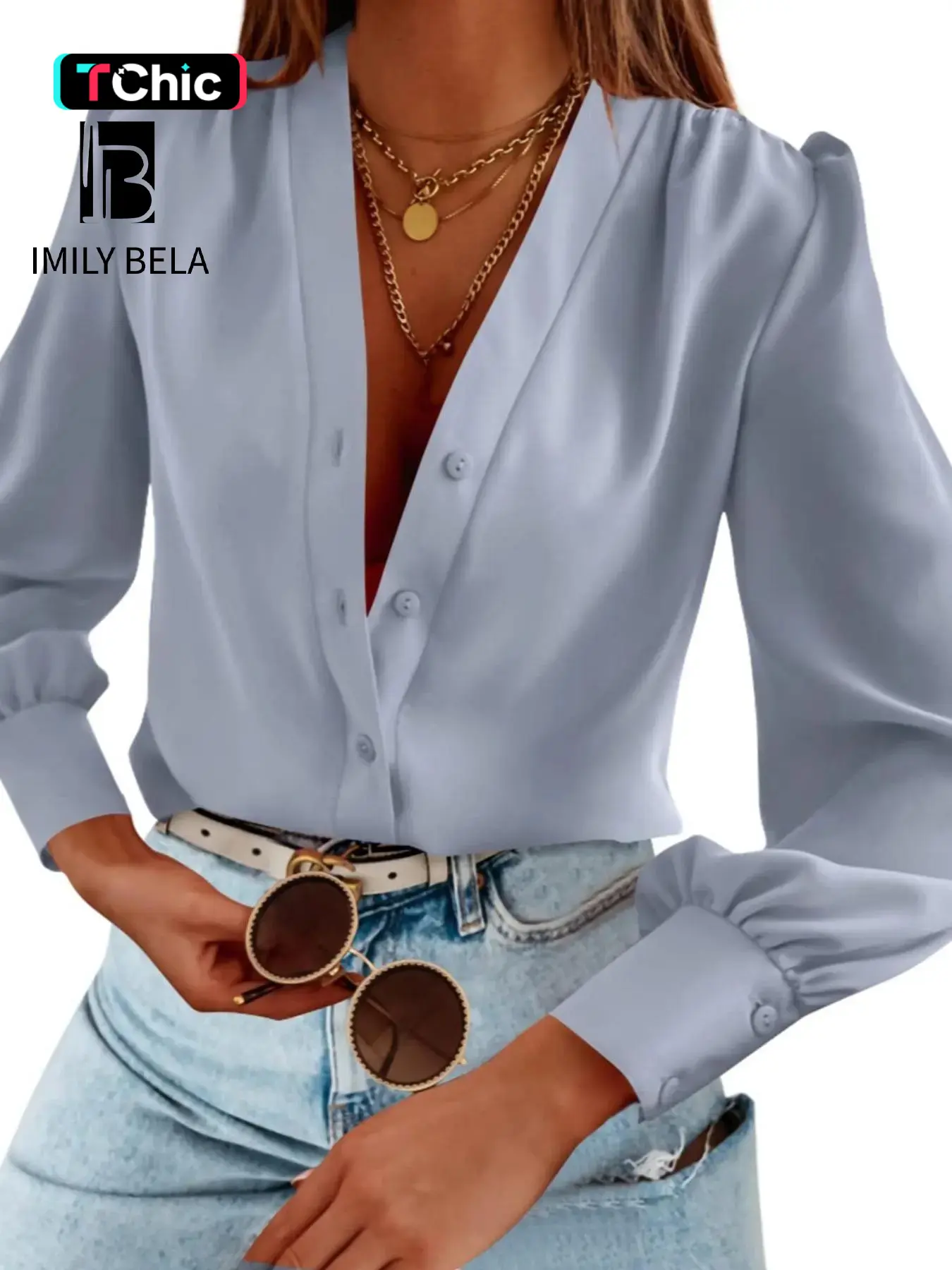 Women's Plain Button Front Bishop Sleeve Blouse, Basic Elegant V Neck Long Sleeve Top For Work Office Business, Ladies Spring & Fall Clothes